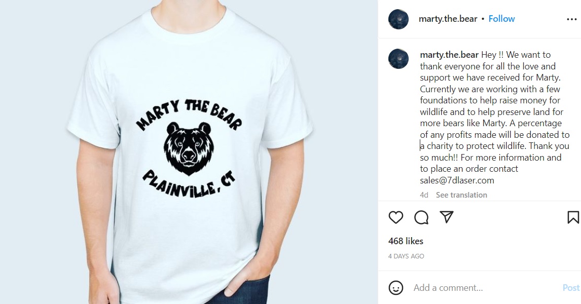 クマのマーティをあしらったTシャツ（画像は『Marty Bearnard　2023年1月14日付Instagram「Hey !! We want to thank everyone for all the love and support we have received for Marty.」』のスクリーンショット）