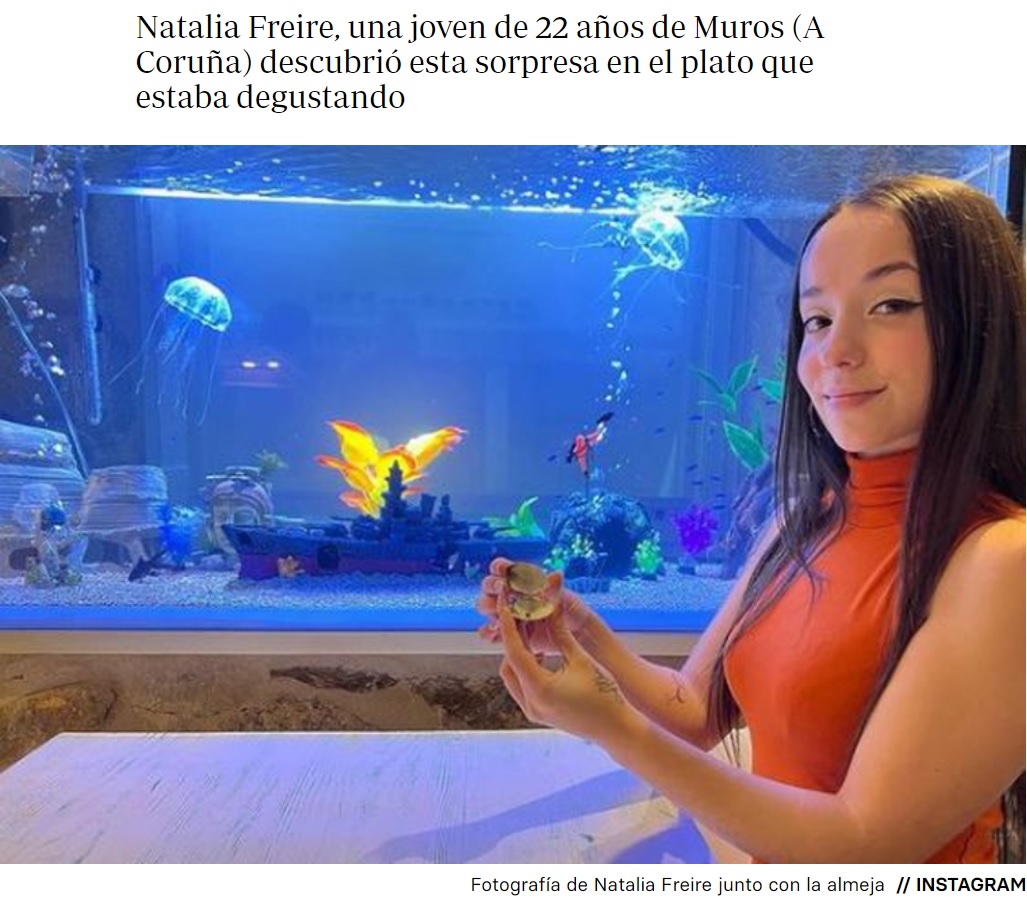 アサリの中から紫真珠を発見した女性（画像は『ABC　2023年1月25日付「El hallazgo de Natalia: una perla morada en una almeja... que vale 4.000 euros」（INSTAGRAM）』のスクリーンショット）