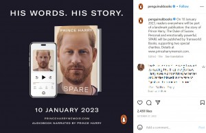 10日に発売されるヘンリー王子の回顧録『Spare』（画像は『Penguin Books　2022年10月27日付Instagram「On 10 January 2023,」』のスクリーンショット）