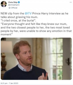 メーガン妃とキャサリン妃（当時）の初対面を振り返ったヘンリー王子（画像は『Chris Ship　2023年1月7日付Twitter「NEW clip from the ＠ITV Prince Harry interview as he talks about grieving his mum.」』のスクリーンショット）