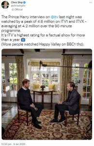 ブラッドビー氏からの質問に答えるヘンリー王子（画像は『Chris Ship　2023年1月9日付Twitter「The Prince Harry interview on ＠itv last night」』のスクリーンショット）