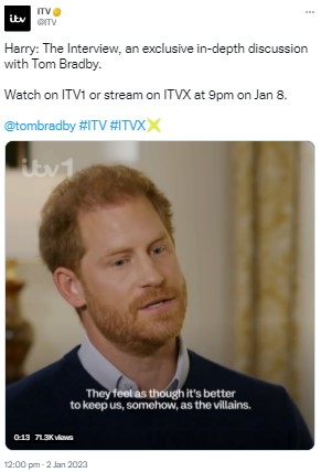 英ITVからのインタビューに応じるヘンリー王子（画像は『ITV　2023年1月2日付Twitter「Harry: The Interview, an exclusive in-depth discussion with Tom Bradby.」』のスクリーンショット）