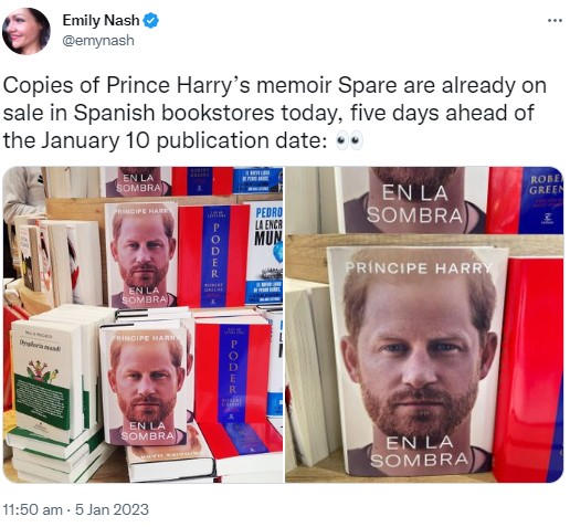 スペインの書店で誤って販売されたヘンリー王子の回顧録（画像は『Emily Nash　2023年1月5日付Twitter「Copies of Prince Harry’s memoir Spare are already on sale in Spanish bookstores today,」』のスクリーンショット）