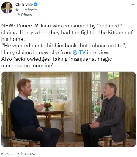 ブラッドビー氏からインタビューを受けるヘンリー王子（画像は『Chris Ship　2023年1月6日付Twitter「NEW:」』のスクリーンショット）