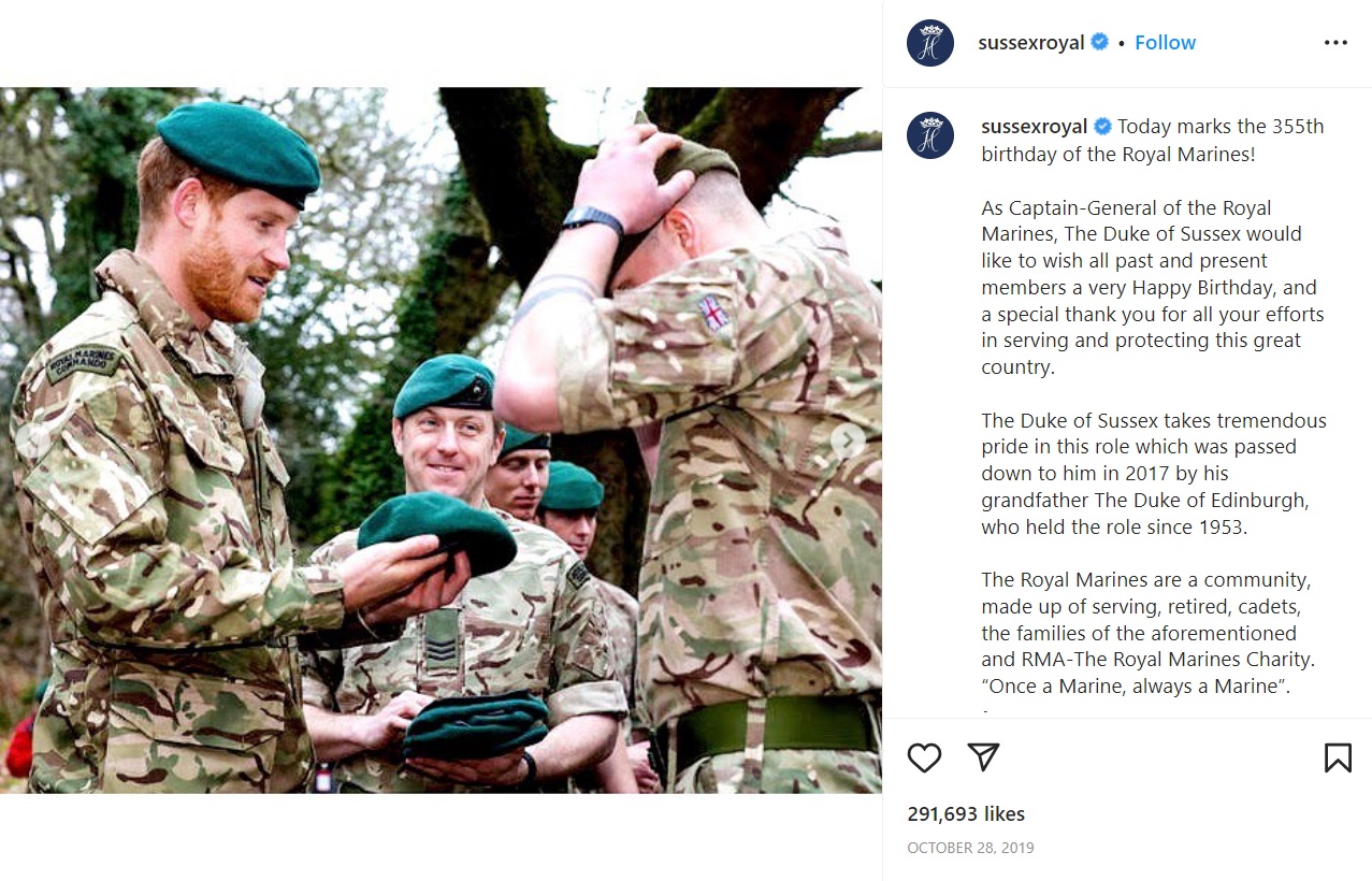 英陸軍に入隊しアフガニスタンで兵役を2度務めたヘンリー王子（画像は『The Duke and Duchess of Sussex　2019年10月28日付Instagram「Today marks the 355th birthday of the Royal Marines!」』のスクリーンショット）