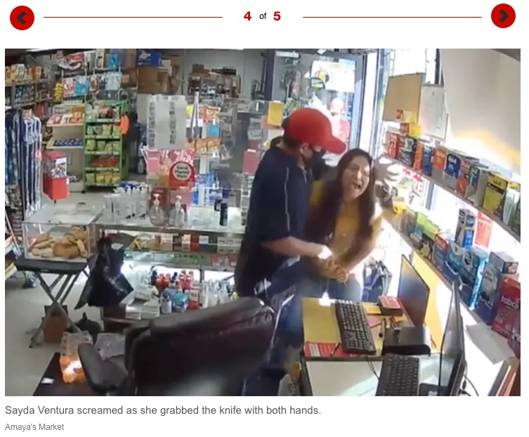 強盗から咄嗟にナイフを奪ったセイダさん（画像は『New York Post　2023年2月14日付「Wild video shows hero LA clerk grab robber’s knife and chase him away」（Amaya’s Market）』のスクリーンショット）