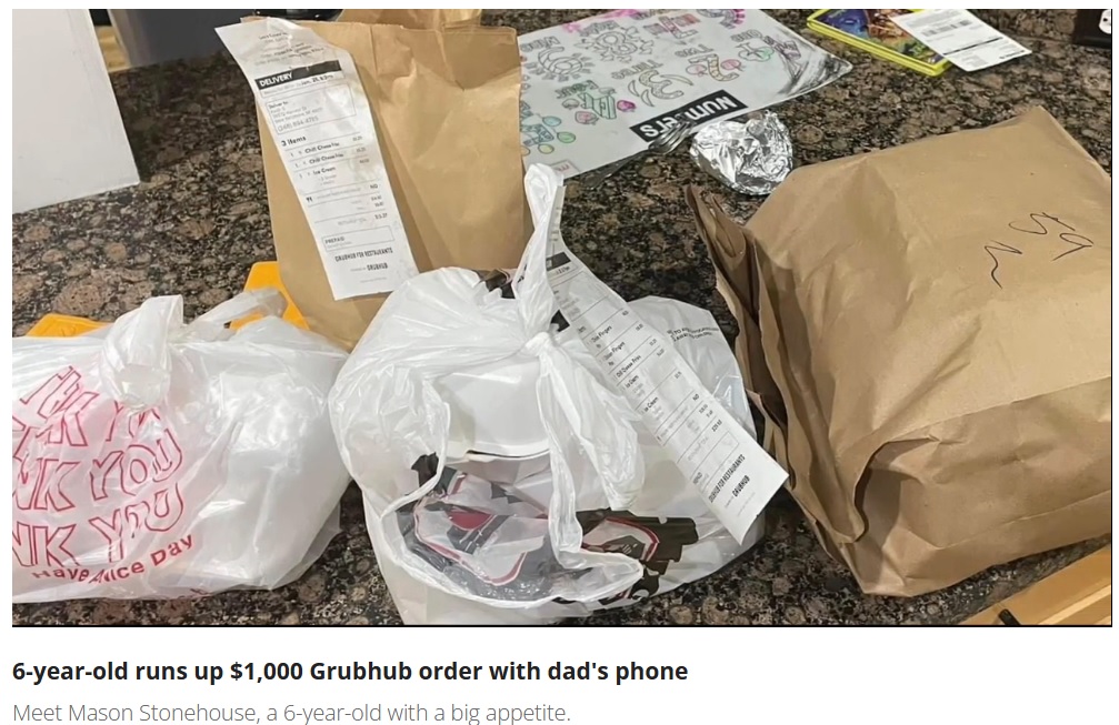 フードデリバリーで続々と自宅に届いた商品（画像は『FOX 2 Detroit　2023年1月31日付「6-year-old runs up ＄1,000 Grubhub dinner bill with dad’s phone」』のスクリーンショット）