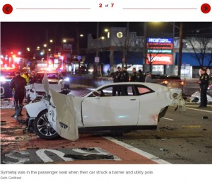 アデムが運転していた車（画像は『New York Post　2023年1月30日付「Accused drunken driver breaks down after learning pregnant fiancée died in NYC wreck」（Seth Gottfried）』のスクリーンショット）