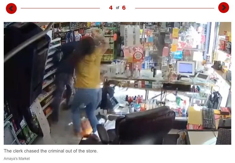 ナイフで強盗を追い払うセイダさん（画像は『New York Post　2023年2月14日付「Wild video shows hero LA clerk grab robber’s knife and chase him away」（Amaya’s Market）』のスクリーンショット）