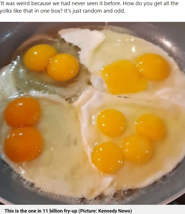 二黄卵が3個と四黄卵が1個、合計10個の黄身（画像は『Metro　2023年2月7日付「Couple find 10 yolks from four Aldi box eggs at odds of one in 11,000,000,000」（Picture: Kennedy News）』のスクリーンショット）