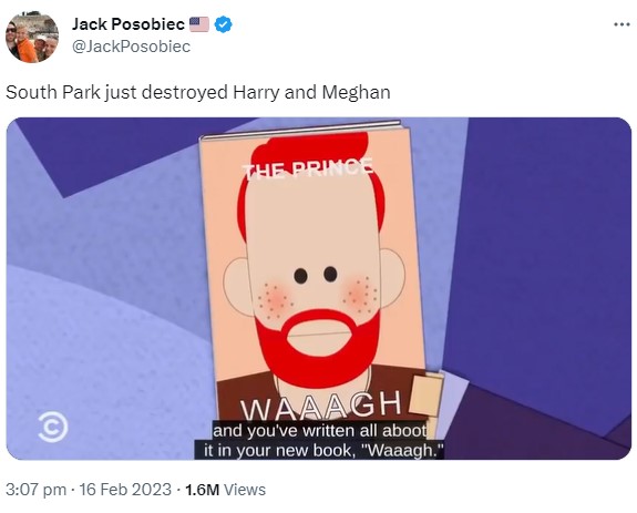 ヘンリー王子の回顧録をパロディにした本『Waaaagh』（画像は『Jack Posobiec　2023年2月16日付Twitter「South Park just destroyed Harry and Meghan」』のスクリーンショット）