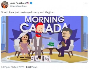 妻を批判した司会者に激怒する王子（画像は『Jack Posobiec　2023年2月16日付Twitter「South Park just destroyed Harry and Meghan」』のスクリーンショット）