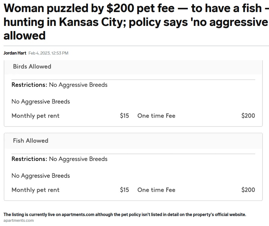魚を飼育する場合にも犬や猫と同じ金額の料金を支払う必要があると記載されたペットポリシー（画像は『Business Insider　2023年2月4日付「Woman puzzled by ＄200 pet fee — to have a fish — while apartment hunting in Kansas City; policy says 'no aggressive breeds' of fish are allowed」（apartments.com）』のスクリーンショット）