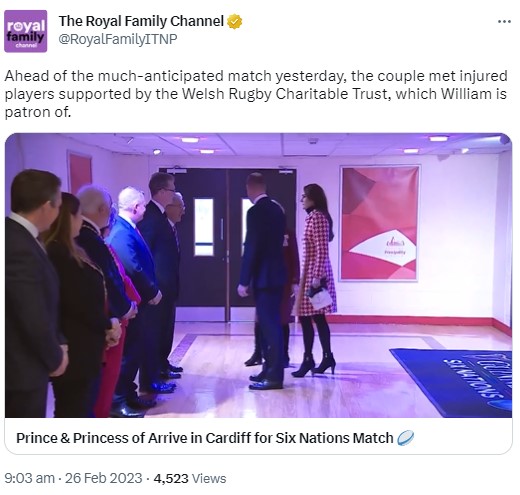 試合前の会場を訪れたウィリアム皇太子とキャサリン皇太子妃（画像は『The Royal Family Channel　2023年2月26日付Twitter「Ahead of the much-anticipated match yesterday,」』のスクリーンショット）