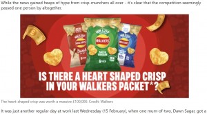 ウォーカーズによる「ハート形ポテトチップス探し」（画像は『LADbible　2023年2月22日付「Woman accidentally eats ￡100,000 heart-shaped crisp」（Credit: Walkers）』のスクリーンショット）