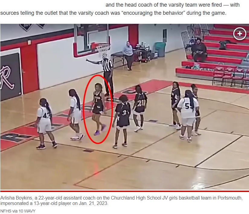 13歳の生徒として試合に参加したアリーシャ（画像は『New York Post　2023年1月31日付「High school basketball coach fired after impersonating 13-year-old in JV game」（NFHS via 10 WAVY）』のスクリーンショット）