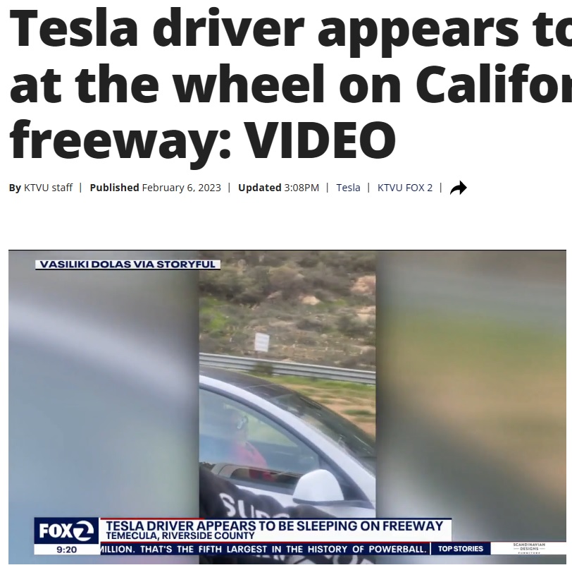 自動運転機能に任せっぱなしの「眠り姫」（画像は『FOX 5 New York　2023年2月6日付「Tesla driver appears to be asleep at the wheel on California freeway: VIDEO」』のスクリーンショット）