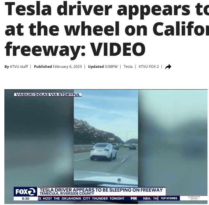 高速道路を走行するテスラ車のドライバーに唖然（画像は『FOX 5 New York　2023年2月6日付「Tesla driver appears to be asleep at the wheel on California freeway: VIDEO」』のスクリーンショット）