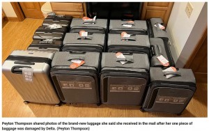 1つだけのはずが、届いたのは13個のスーツケース（画像は『Fox News　2023年3月8日付「Florida woman unboxes 13 pieces of luggage after Delta Air Lines damages her suitcase: ‘I was crying laughing’」（Peyton Thompson）』のスクリーンショット）