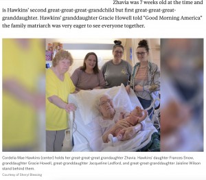 【海外発！Breaking News】「孫の孫の子」と対面した98歳女性　6世代で記念撮影（米）