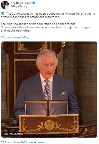コモンウェルス首長として初の演説を行うチャールズ国王（画像は『The Royal Family　2023年3月13日付Twitter「The Commonwealth has been a constant in my own life,」』のスクリーンショット）