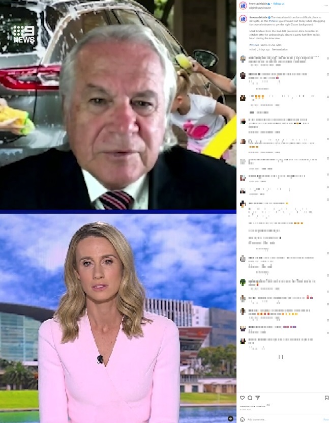 豪アデレードのニュース番組『9 News Adelaide』のニュースプレゼンター、アリス・モンフリーズさん（下）のインタビューに、女の子が車を洗う背景で登場した「ローヤル・オートモービル協会（RAA）」のマーク・ボーラスさん（画像は『9 News Adelaide　2023年3月21日付Instagram「The virtual world can be a difficult place to navigate,」』のスクリーンショット）