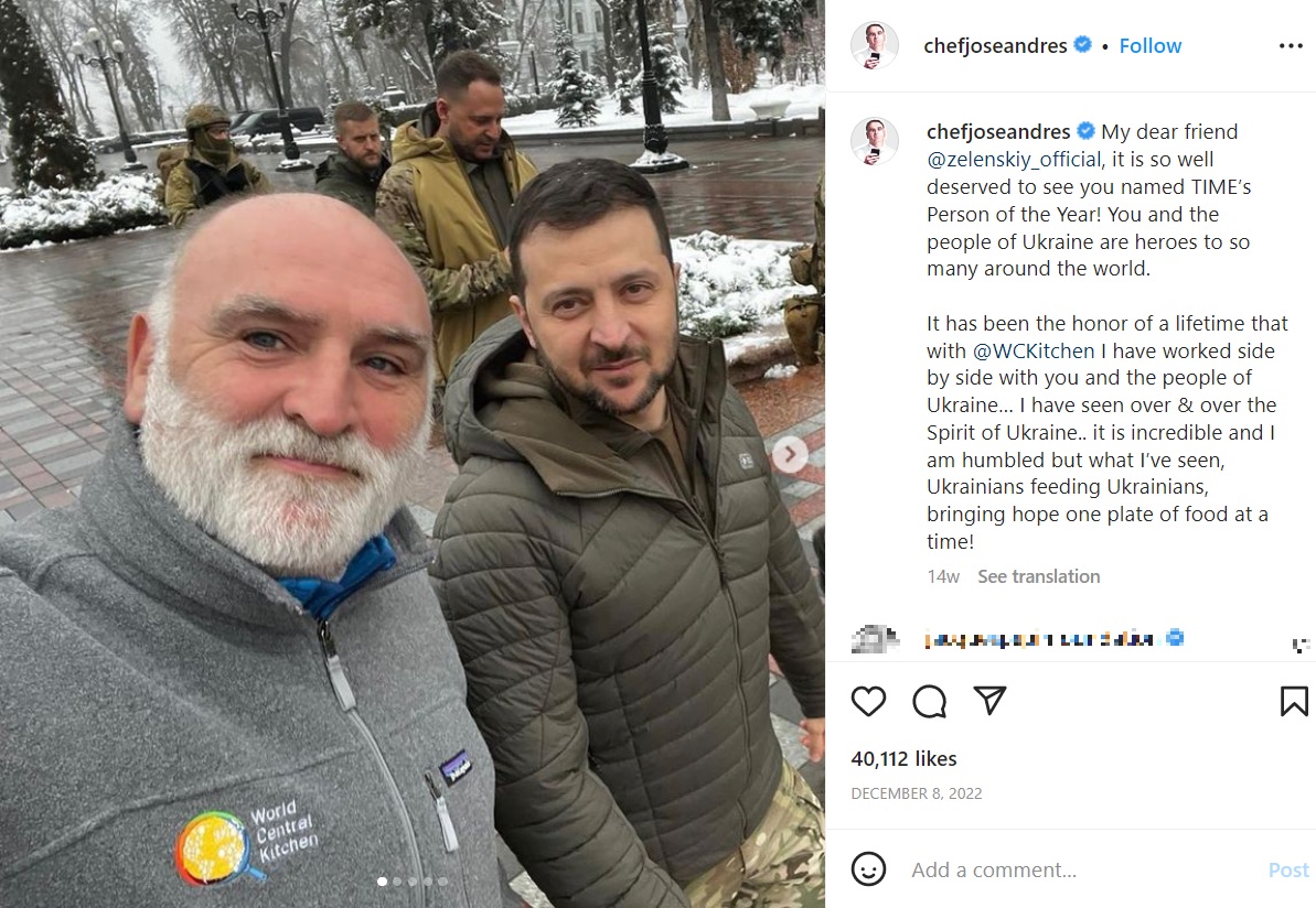 ウクライナ支援でゼレンスキー大統領と対面したホセ氏（画像は『José Andrés　2022年12月8日付Instagram「My dear friend ＠zelenskiy_official」』のスクリーンショット）
