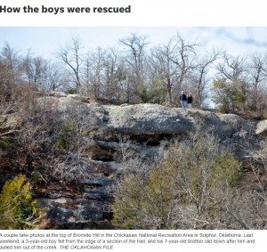 大きな岩が突き出したブロマイド・ヒル（画像は『The Oklahoman　2023年3月4日付「3-year-old who tumbled down a cliff is recovering thanks to actions of his 7-year-old brother」（THE OKLAHOMA FILE）』のスクリーンショット）