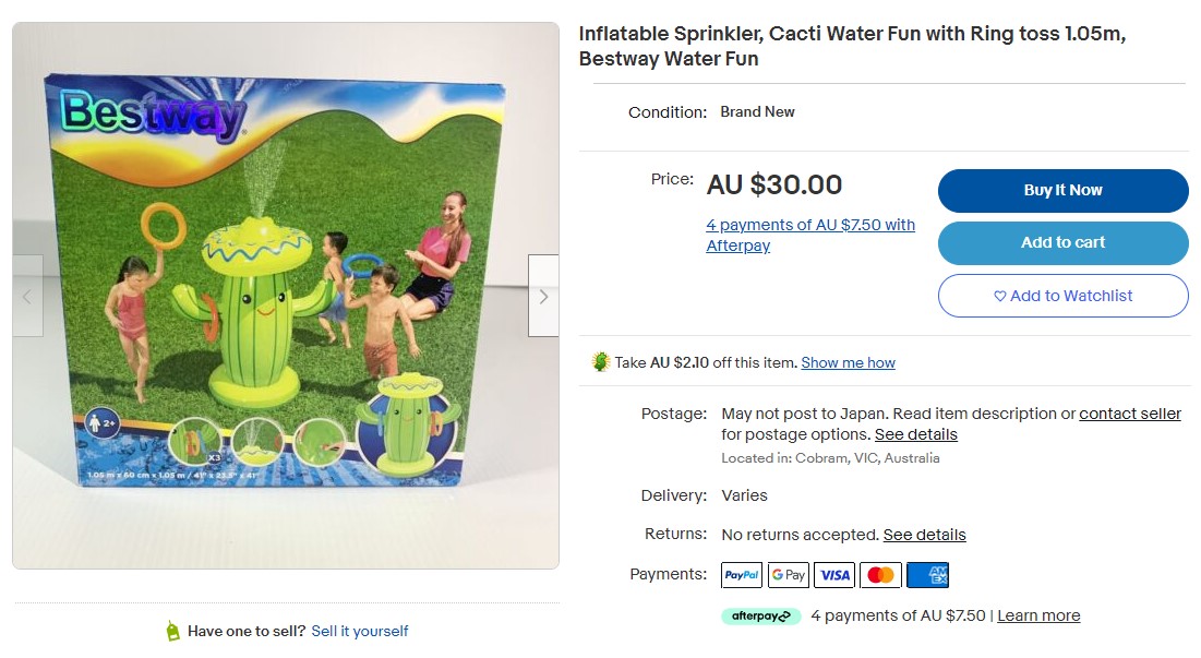 「eBay」で約2750円（30豪ドル）で販売されているインフレータブル・スプリンクラー（画像は『eBay　2023年3月6日付「Inflatable Sprinkler, Cacti Water Fun with Ring toss 1.05m, Bestway Water Fun」』のスクリーンショット）