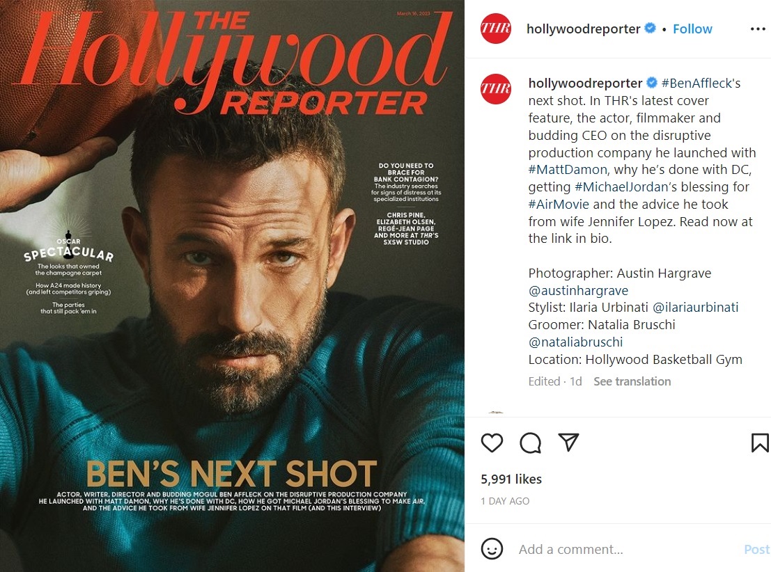 『The Hollywood Reporter』誌の表紙を飾ったベン（画像は『Hollywood Reporter　2023年3月16日付Instagram「＃BenAffleck’s next shot.」』のスクリーンショット）