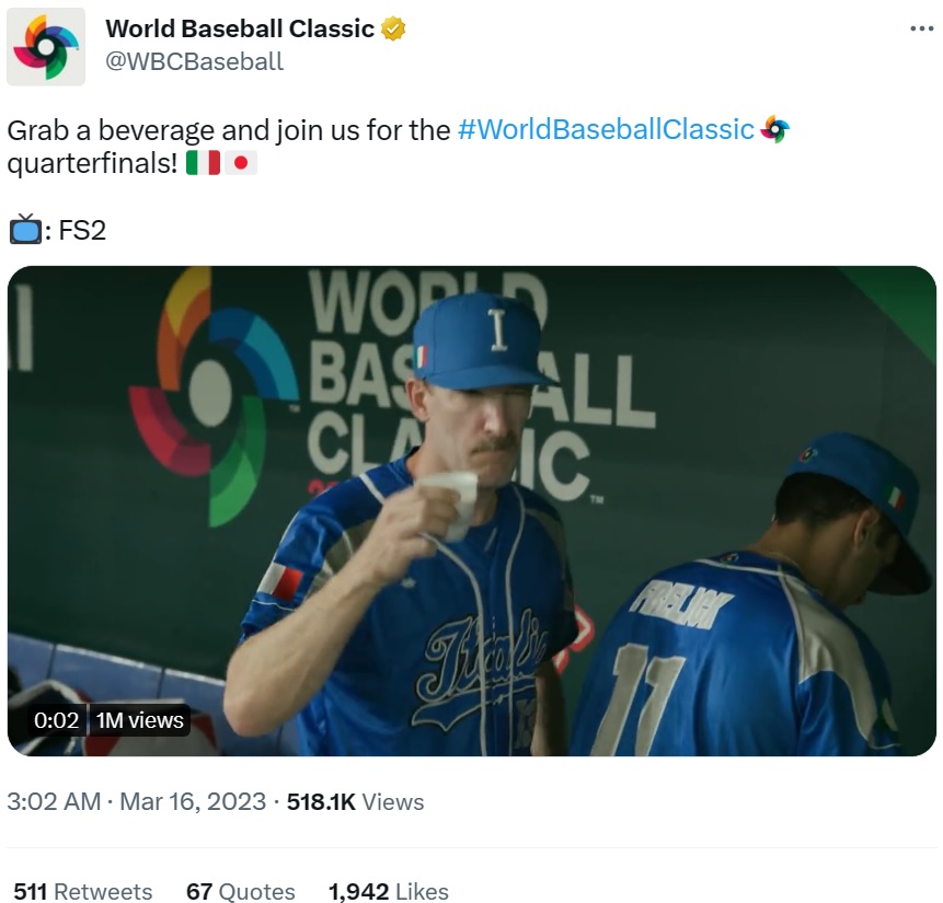 コーヒーを愛するイタリア人らしい行動が話題に（画像は『World Baseball Classic　2023年3月16日付Twitter「Grab a beverage and join us for the ＃WorldBaseballClassic」』のスクリーンショット）