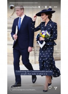 ウィリアム皇太子と帽子を押さえて寺院に向かうキャサリン皇太子妃（画像は『The Prince and Princess of Wales　2023年3月13日付Instagram』のスクリーンショット）
