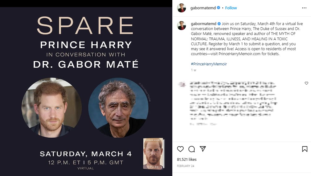 ライブ配信されたヘンリー王子とマテ博士のインタビュー（画像は『Dr. Gabor Maté　2023年2月24日付Instagram「Join us on Saturday」』のスクリーンショット）