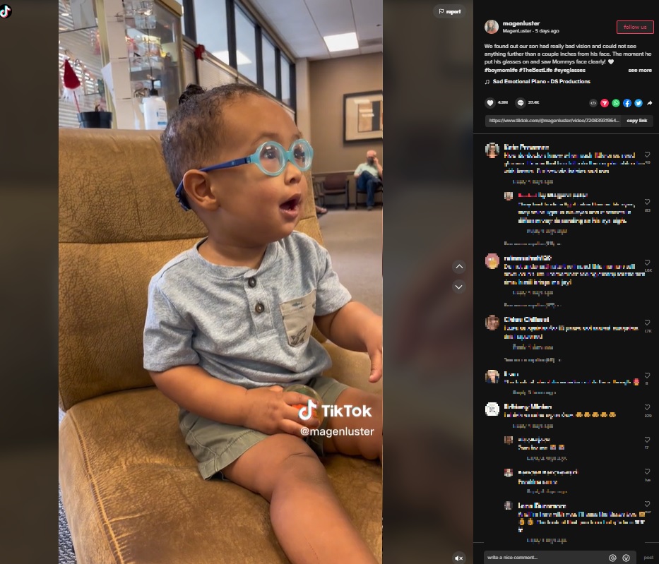 初めて眼鏡をかけた1歳4か月の男児（画像は『MagenLuster　2023年3月9日付TikTok「We found out our son had really bad vision」』のスクリーンショット）