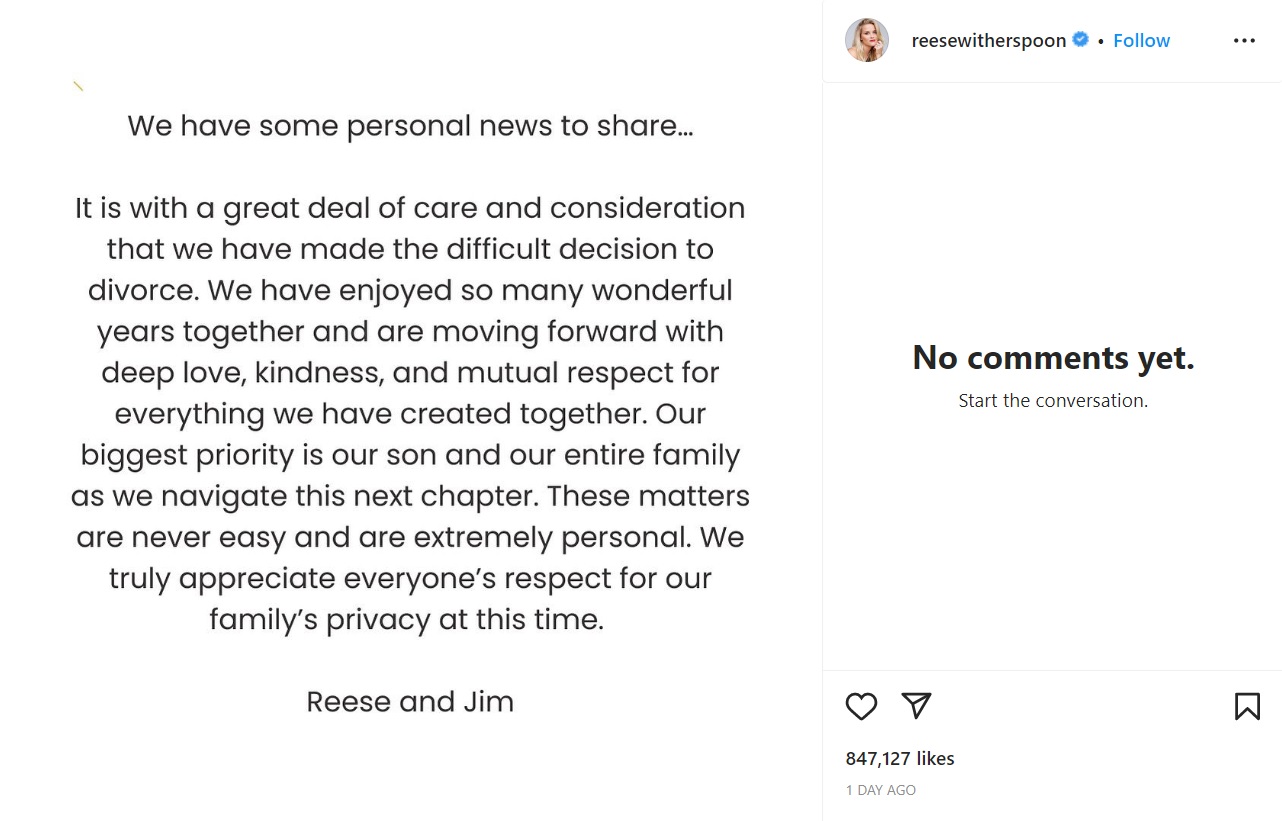 連名で離婚を発表したリースとジム氏「私達は離婚するという難しい決断を下しました」「今後は深い愛と優しさ、共に作り上げてきたことへの敬意とともに前進していくつもりです」（画像は『Reese Witherspoon　2023年3月24日付Instagram』のスクリーンショット）