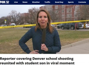 息子にハグした後、感情を必死に抑えて「本当にごめんなさい。でも我が子が通り過ぎるのをただ見ていることなんてできなかったのよ」と述べ、声を震わせながら仕事を続けたアリーシャさん（画像は『FOX 32 Chicago　2023年3月23日付「Reporter covering Denver school shooting reunited with student son in viral moment」』のスクリーンショット）
