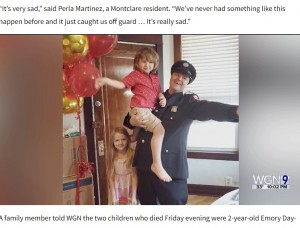 オータムちゃんとエズラ君と一緒のウォルターさん（画像は『WGNTV.com　2023年3月12日付「2 more children die after a Montclare house fire at a Chicago firefighter’s home」』のスクリーンショット）