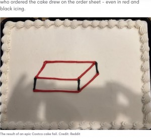 実際にアールさんが受け取ったハーフシートのホワイトクリームケーキ。コストコのスタッフはケーキの縁取りをせず、注文書の裏側に描かれていた絵をケーキの表面にそのまま再現したのだった（画像は『7NEWS Australia　2023年4月5日付「Costco’s ‘hilarious’ cake fail leaves the internet in stitches」（Credit: Reddit）』のスクリーンショット）