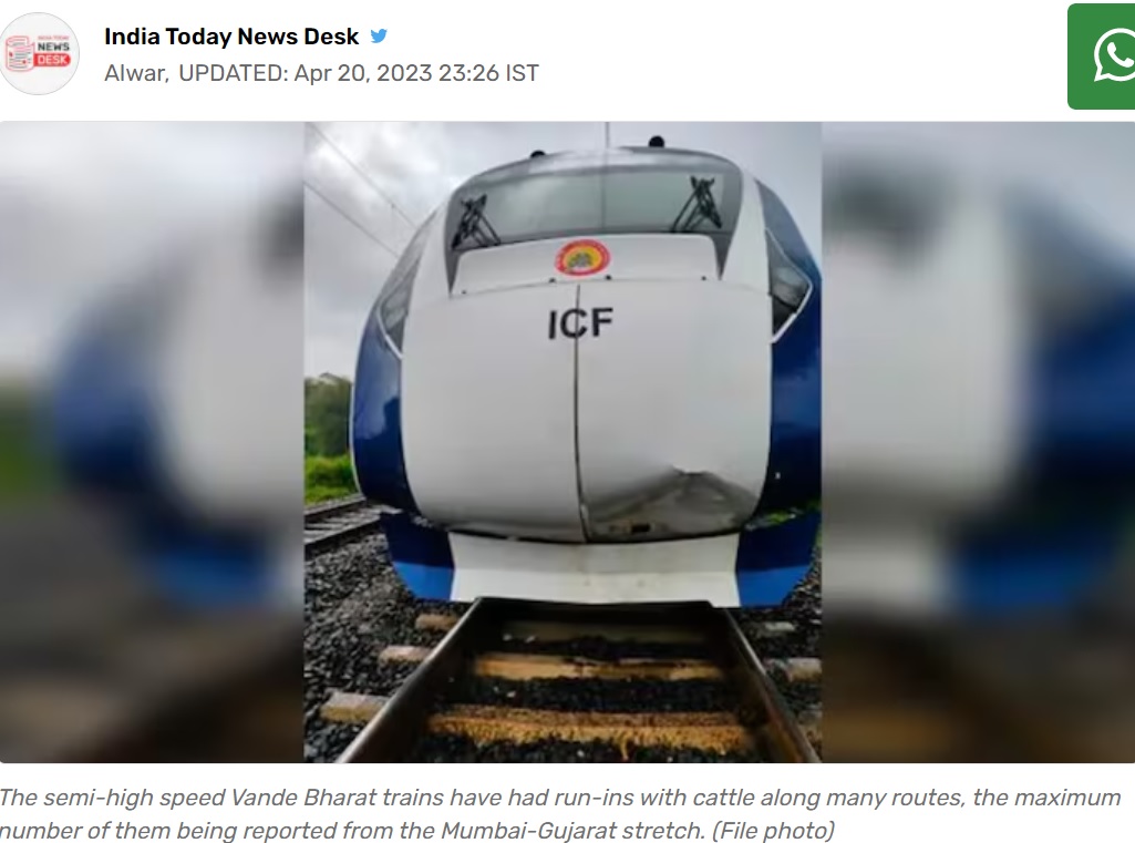 インドで最速の準高速列車「バンデバラト・エクスプレス（Vande Bharat Express）」。今月18日に牛と衝突事故を起こし、その衝撃で飛ばされた牛が線路近くにいた男性を直撃。男性は即死した（画像は『India Today　2023年4月20日付「Rajasthan: Cow, hit by Vande Bharat train, falls on man peeing on tracks, killing him」（File photo）』のスクリーンショット）
