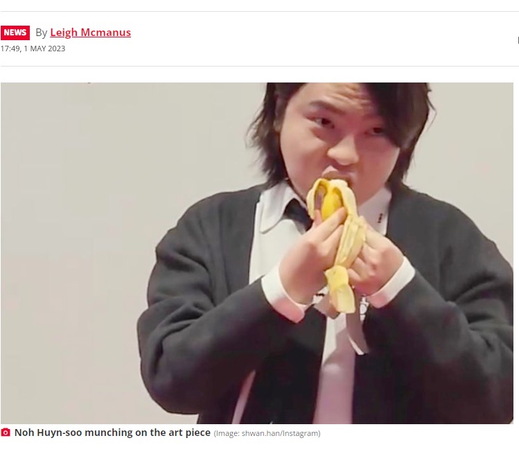 韓国ソウル市内の美術館に展示されたイタリア人アーティストによる作品からバナナを学生が食べてしまう珍事が！（画像は『The Daily Star　2023年5月1日付「Student eats £96K artwork of banana duct-taped to museum wall because 'he was hungry'」（Image: shwan.han/Instagram）』のスクリーンショット）