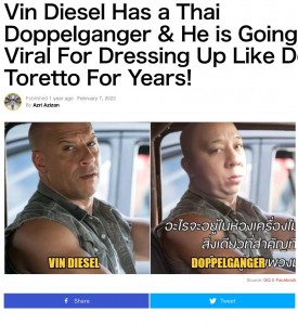 ヴィン・ディーゼルになりきっていることで人気を集めるアティードさん。そっくりとまではいかないまでの微妙に似ている姿が多くの人に笑いをもたらしている（画像は『WORLD OF BUZZ　2022年2月7日付「Vin Diesel Has a Thai Doppelganger ＆ He is Going Viral For Dressing Up Like Dom Toretto For Years!」（Source: GQ ＆ Facebook）』のスクリーンショット）