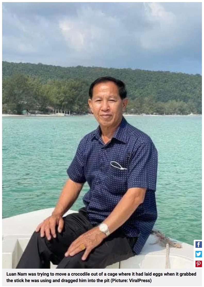 40匹ものワニに襲われて死亡したルアン・ナムさん。地元のワニ養殖協会の会長を務めていたが、ここ数年は地元住民からワニ養殖場の閉鎖を求める声があがっていた（画像は『Metro　2023年5月26日付「Cambodian man torn apart by 40 crocodiles after being dragged into enclosure」（Picture: ViralPress）』のスクリーンショット）