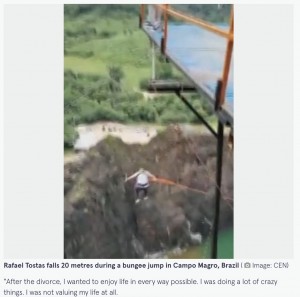 カンポ・マグロにある湖「ラゴア・アズール」でブリッジスウィングに挑むも、ロープが切れてしまう。約21メートルの高さから落下したラファエルさん（画像は『The Mirror　2023年5月5日付「Man goes bungee jumping to celebrate divorce - ends up plunging 70ft as it snaps」（Image: CEN）』のスクリーンショット）