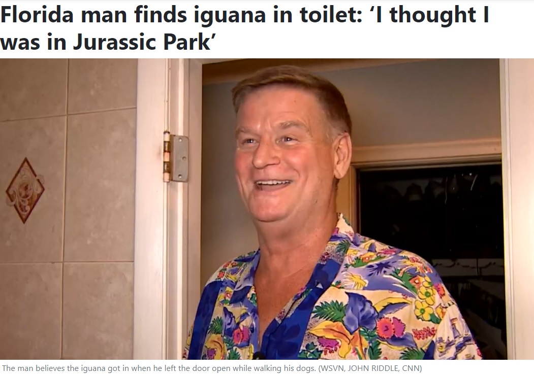 「私は爬虫類が好きではないから怖くてね。まるで映画『ジュラシック・パーク』の中に入り込んだかのような、そんな気分だった」と語る家主（画像は『25 News Now　2023年5月23日付「Florida man finds iguana in toilet: ‘I thought I was in Jurassic Park’」（WSVN, JOHN RIDDLE, CNN）』のスクリーンショット）