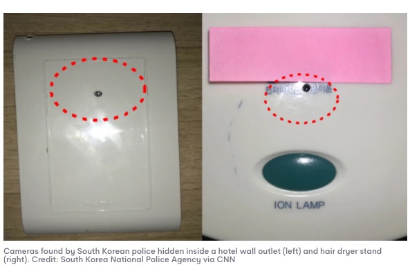 ホテルの壁のコンセント（左）とヘアドライヤースタンドの中に隠されたカメラ。ジャズミンさんも「火災警報器や目覚まし時計など、非常に巧妙に隠されている」と話している（画像は『7NEWS Australia　2023年5月15日付「Australian TikTok traveller’s creepy warning about ‘hidden cameras’ in South Korea」（Credit: South Korea National Police Agency via CNN）』のスクリーンショット）