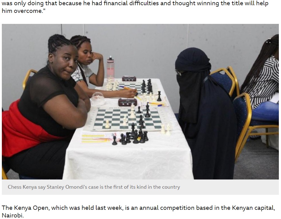 4回戦まで出場したスタンリー・オモンディさん（右）。ケニア国内のチェス連盟「チェス・ケニア」の会長もその素性に疑いを抱くことに（画像は『BBC　2023年4月14日付「Kenya chess: Male player dons disguise to compete as woman」』のスクリーンショット）