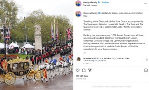 チャールズ国王とカミラ王妃を乗せた馬車「ダイヤモンド・ジュビリー・ステート・コーチ」が、バッキンガム宮殿を出発（画像は『The Royal Family　2023年5月6日付Instagram「Spectacular scenes in London on Coronation Day.」』のスクリーンショット）