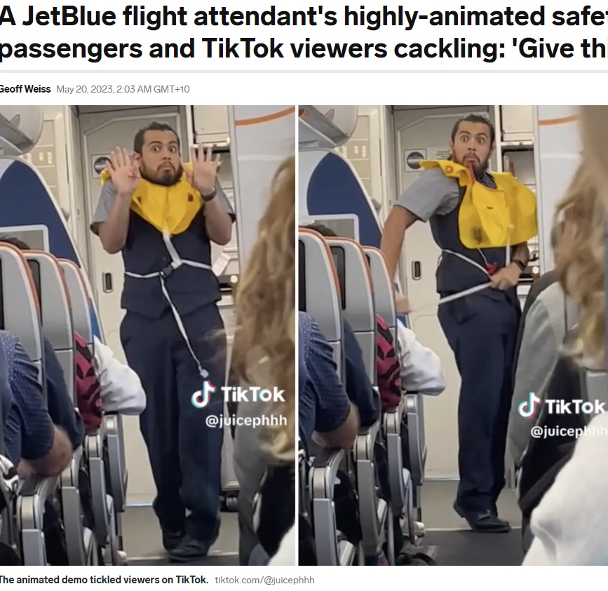 アメリカの格安航空会社「ジェットブルー航空」の男性客室乗務員のセーフティデモが話題に。コロコロ変わる彼の表情にも注目　（画像は『Insider　2023年5月20日付「A JetBlue flight attendant’s highly-animated safety demo has passengers and TikTok viewers cackling: ‘Give this guy a raise’」（tiktok.com/＠juicephhh）』のスクリーンショット）