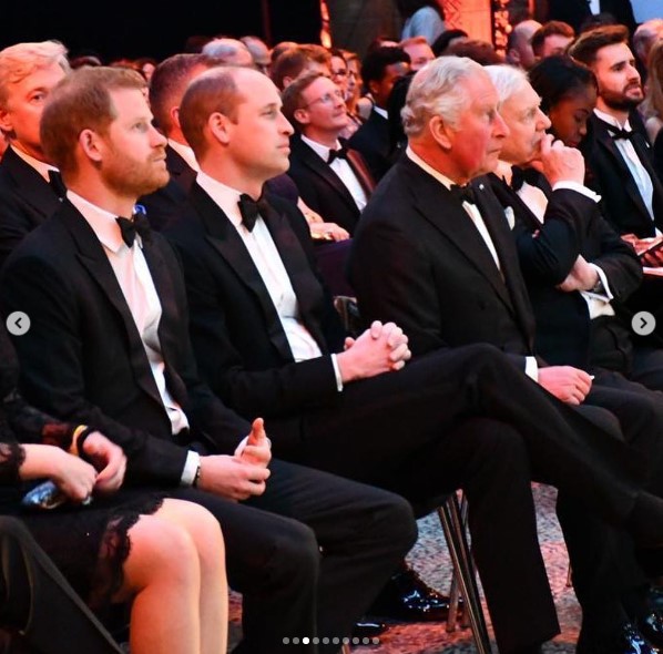 2019年4月、ロンドンでの映画プレミア上映会に出席したウィリアム王子（当時）、ヘンリー王子、チャールズ皇太子（当時）。スリーショットはもう見られないのだろうか…（画像は『The Royal Family　2019年4月4日付Instagram「Tonight, The Prince of Wales, The Duke of Cambridge and The Duke of Sussex attended the global premiere of “Our Planet” at the Natural History Museum in London.」』のスクリーンショット）
