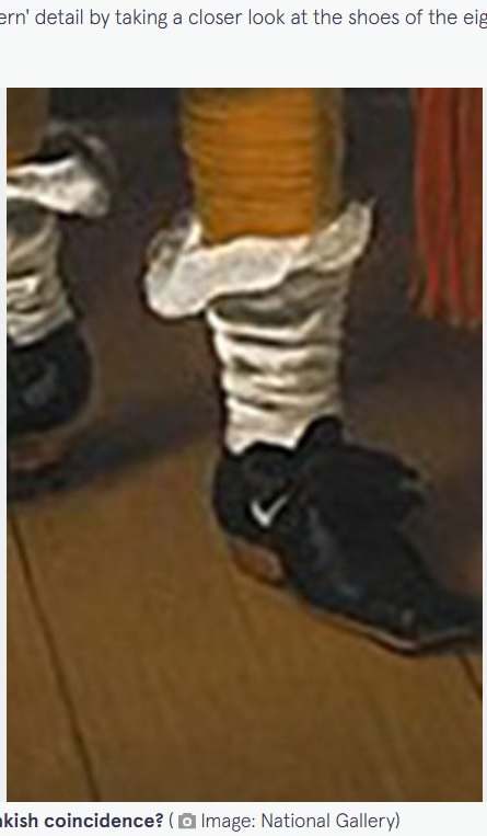 ナイキのロゴに似た模様を見つけた親子は「タイムトラベラーでは？」と想像を膨らませた。「靴の隙間から靴下が見えているだけ」「留め金に光が当たったのかも」など現実的な声も寄せられている（画像は『The Mirror　2023年5月20日付「400-year-old painting baffles viewers who say fashion item is proof of time travel」（Image: National Gallery）』のスクリーンショット）